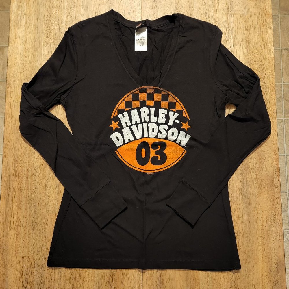 Women's Medium Black Harley-Davidson Vee Neck Long Sleeve Tee Shirt